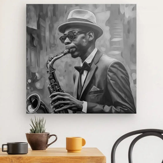 Tableau Musicien Jazz Saxophone Peinture Noir et Blanc