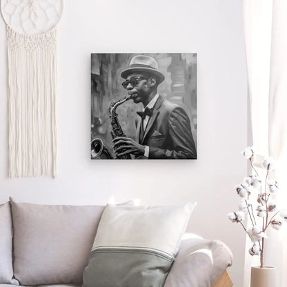 Un Tableau Musicien Jazz Saxophone Peinture Noir et Blanc est accroché sur un mur blanc au-dessus d'un canapé, accompagné d'une tenture murale en macramé et d'un vase avec des tiges de coton à proximité.