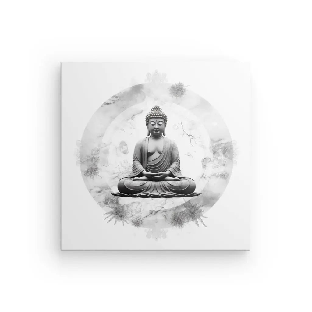 Illustration en noir et blanc d'un Bouddha assis dans une pose méditative, entouré d'un dessin circulaire abstrait sur fond blanc. Ce Tableau Carré Bouddha Zen Fond Blanc Moderne Design Monochrome ajoute une atmosphère relaxante à n'importe quelle pièce avec sa décoration minimaliste.