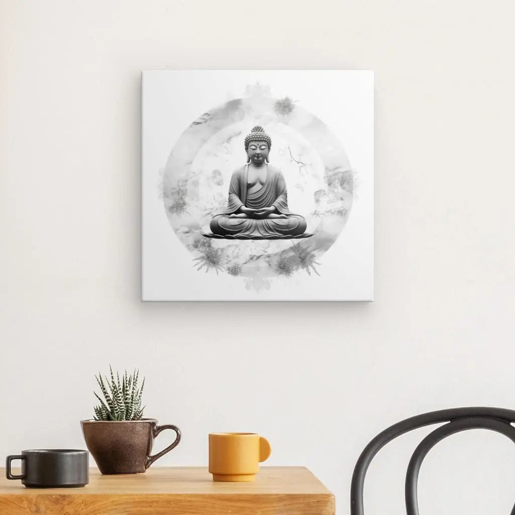 Un *Tableau Carré Bouddha Zen Fond Blanc Moderne Design Monochrome* encadré représentant un Bouddha assis est accroché sur un mur blanc au-dessus d'une table en bois avec une petite plante en pot et deux tasses à café, reflétant une *décoration minimaliste*. Une chaise noire est partiellement visible à côté de la table.