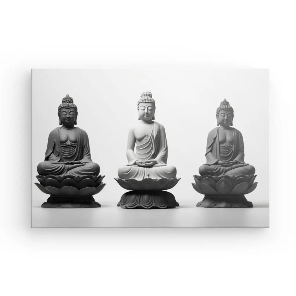 Tableau Sérénité 3 Bouddhas Statues Minimaliste Noir et Blanc - #tag1# - #tag2# 