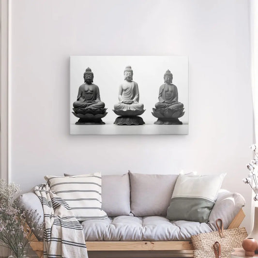 Tableau Sérénité 3 Bouddhas Statues Minimaliste Noir et Blanc