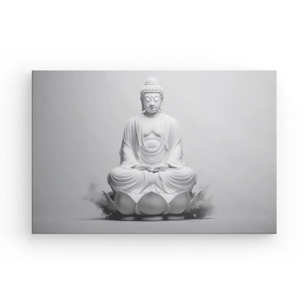 Une image monochrome d'une statue de Bouddha blanc dans une pose méditative, assise les jambes croisées sur une base de lotus, dégageant une aura de sérénité, est parfaitement capturée dans le Tableau Bouddha Fleur de Lotus Design Monochrome Gris Moderne.
