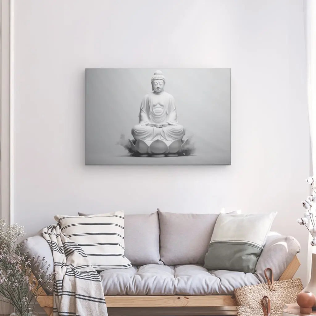 Un salon minimaliste comprend un canapé gris avec des oreillers rayés et unis, des murs blancs et un grand Tableau Bouddha Fleur de Lotus Design Monochrome Gris Moderne au-dessus du canapé, évoquant un sentiment de tranquillité.