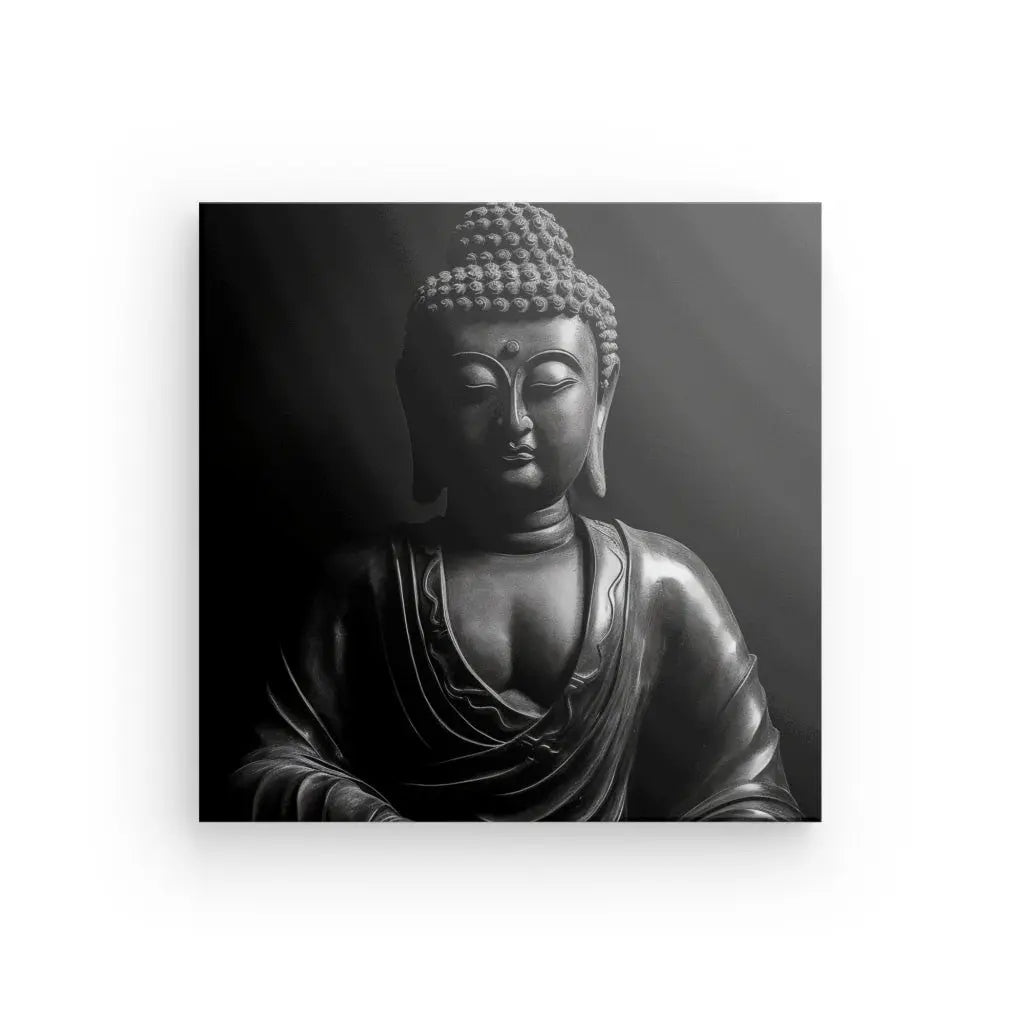 Image en noir et blanc d'une statue de Bouddha sereine, représentant la moitié supérieure de la figure avec les yeux fermés et les mains jointes sur un fond uni. Ce Tableau Zen Bouddha Méditation Noir et Blanc peut rehausser votre décoration intérieure grâce à sa présence apaisante.