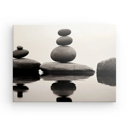 Une superbe photo Tableau Zen Minimaliste Pierre Pile Cairns Relaxation Noir et Blanc de rochers, reproduite sur toile à l'aide d'encres latex HP.