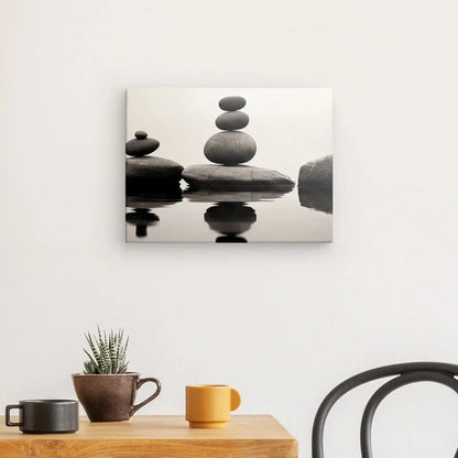 Une pièce minimaliste avec une table et une chaise. Sur la table se trouvent deux tasses, une petite plante en pot et un Tableau Zen Minimaliste Pierre Pile Cairns Relaxation Noir et Blanc représentant des pierres empilées sur le mur. La pièce dégage un air de détente et d'équilibre avec son élégance moderne.