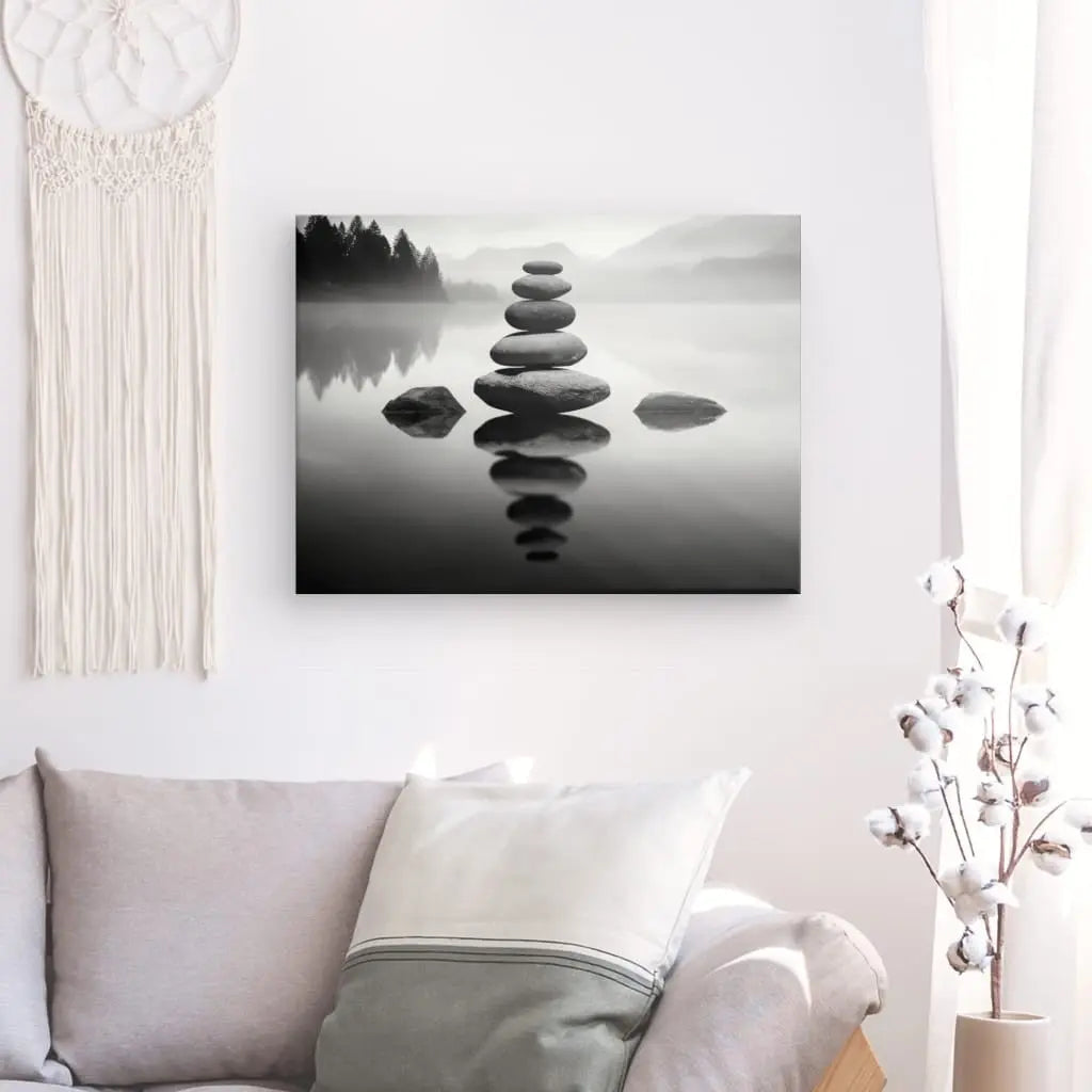 Tableau Stone Stacking Pierres Zen Cairns Noir et Blanc