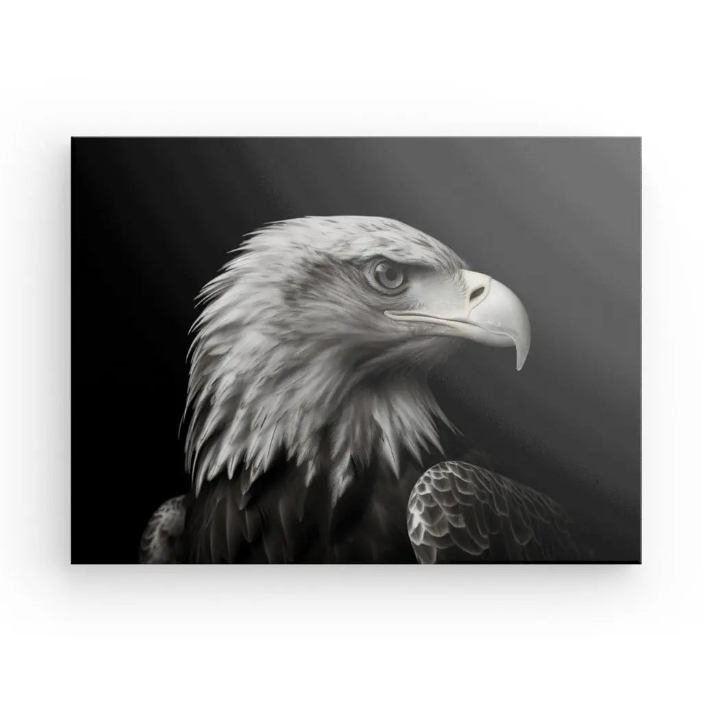 Un tableau détaillé Aigle Royal Portrait Oiseau Noir et Blanc présentant la tête et le haut du corps d'un Aigle Royal, sur un fond sombre, capturant l'essence de la photographie de nature.