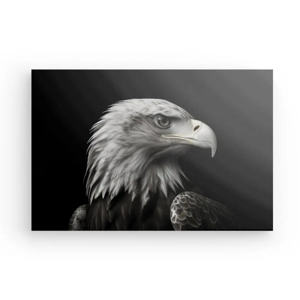 Image en noir et blanc du profil latéral d'un Aigle Royal, se concentrant sur sa tête et son bec, sur un fond dégradé — un exemple frappant du Tableau Aigle Royal Portrait Oiseau Noir et Blanc.