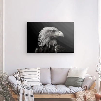 Un salon avec un canapé gris, des coussins rayés et un panier. Un Tableau monochrome Aigle Royal Portrait Oiseau Noir et Blanc est accroché au mur au-dessus du canapé.