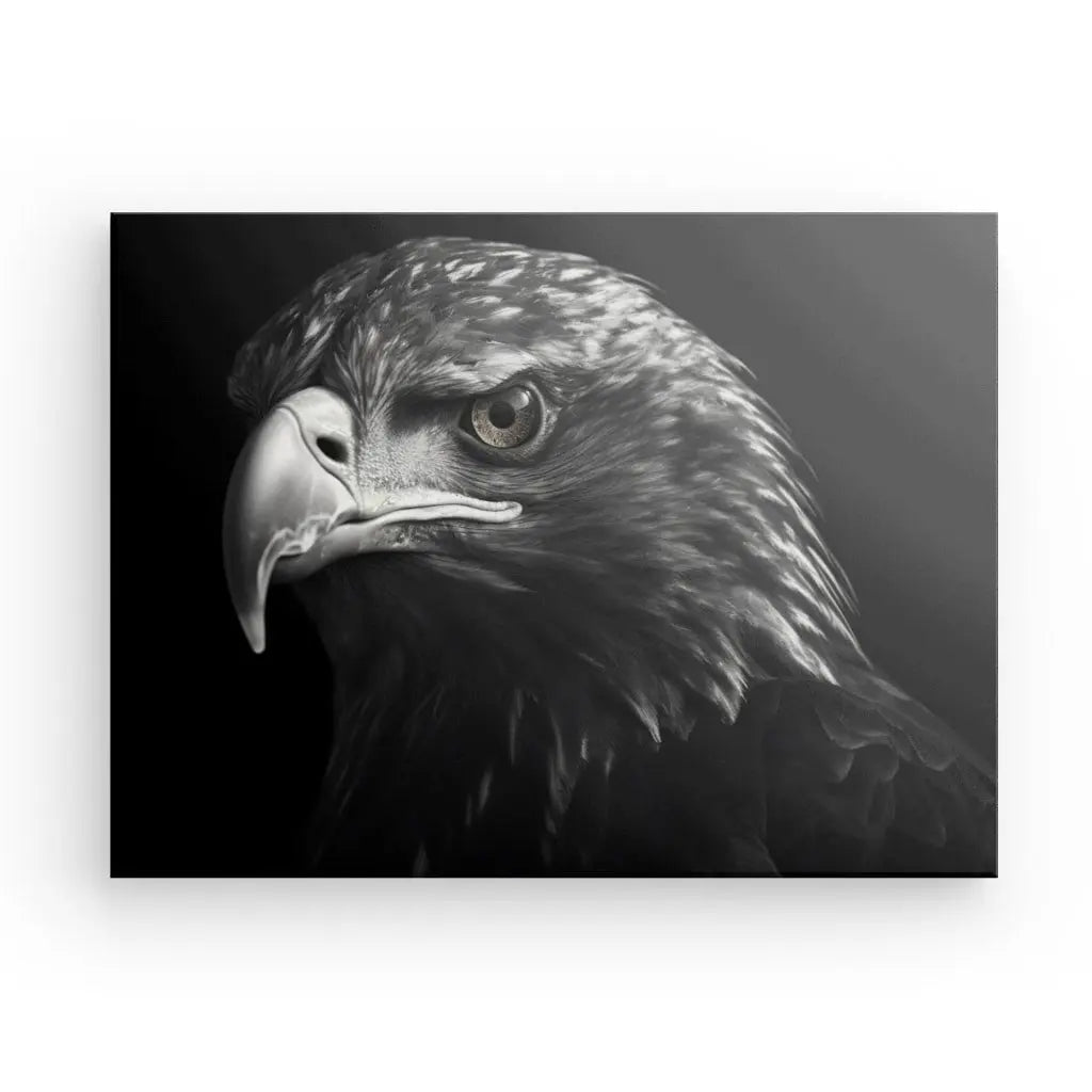 Gros plan en noir et blanc de la tête et du bec d'un aigle, capturant un regard détaillé et intense, parfait pour une décoration murale époustouflante comme le Tableau Aigle Rapace Volant Noir et Blanc.