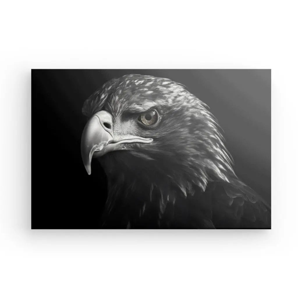 Image en noir et blanc d'une tête d'aigle de profil, mettant en valeur son bec pointu et son regard intense sur un fond uni, parfaite pour un saisissant Tableau Aigle Rapace Volant Noir et Blanc.