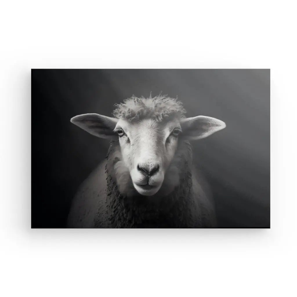 Photo en noir et blanc d'un mouton face à la caméra avec une expression neutre sur fond sombre, évoquant une sérénité proche de la vie rurale, Tableau Portrait Mouton Brebis Prairie Noir et Blanc.