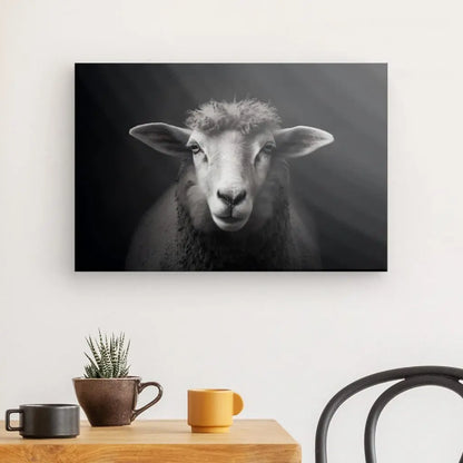 Une photographie en niveaux de gris d'un mouton est affichée sur un mur, évoquant une sérénité intemporelle et sereine. En dessous, il y a une petite plante en pot et deux tasses sur une table en bois avec une chaise à côté, capturant l'essence de la vie rurale. L'œuvre d'art, Tableau Portrait Mouton Brebis Prairie Noir et Blanc, ajoute une touche élégante à la scène.