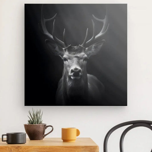 Un Tableau Portrait Cerf Animal Sauvage Cervidé Noir et Blanc avec de grands bois est accroché au mur derrière une table en bois orné d'une tasse marron, d'une tasse orange, d'une petite plante en pot et d'une chaise, parfait pour votre décoration intérieure.