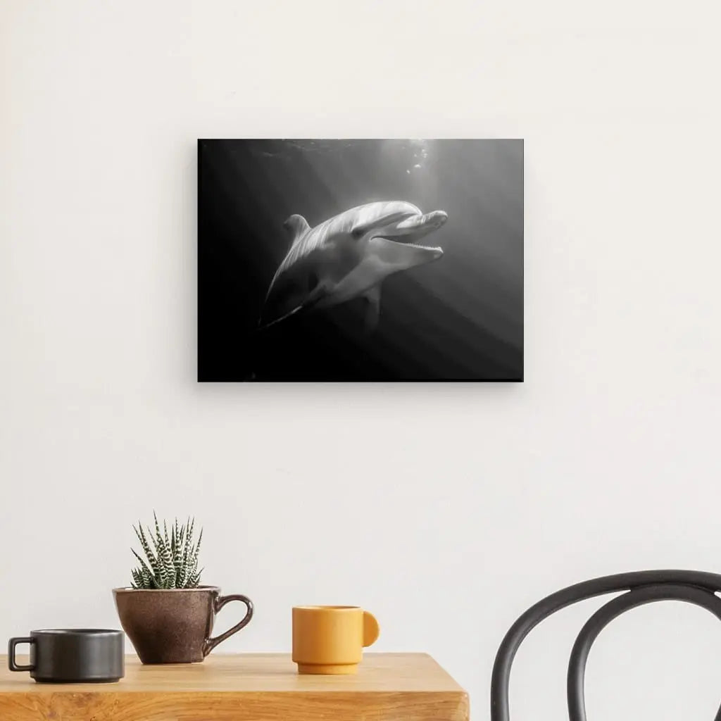 Un Tableau Dauphin Océan Portrait Noir et Blanc est accroché sur un mur blanc au-dessus d'une table en bois. La table comporte un cactus en pot et deux tasses, avec une vue partielle d'une chaise noire visible à droite.