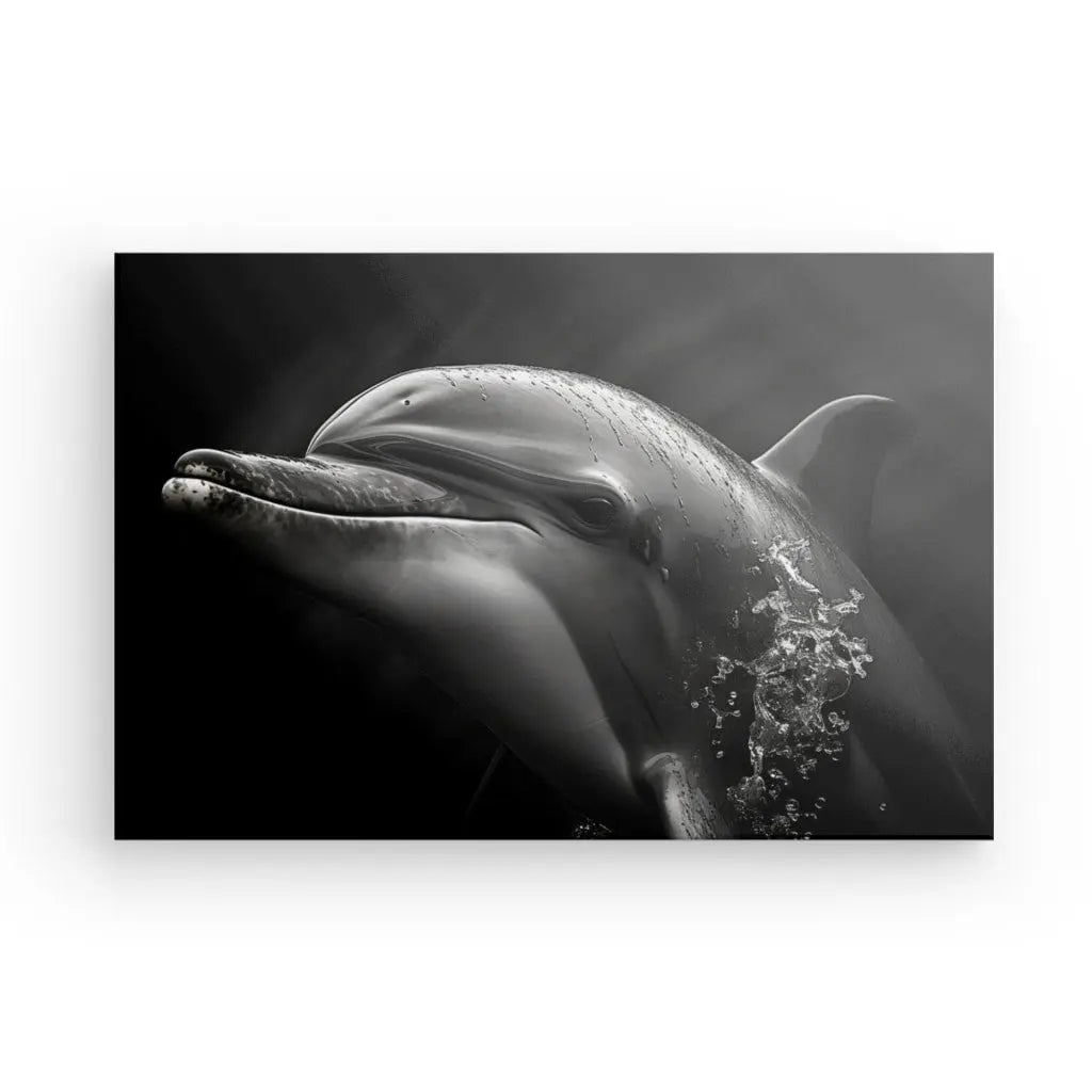 Une photographie en noir et blanc d'un dauphin nageant sous l'eau avec des bulles sortant de sa tête, capturant une vie sous-marine magique avec des détails époustouflants, est désormais disponible sous le nom de Tableau Portrait Dauphin Noir et Blanc.