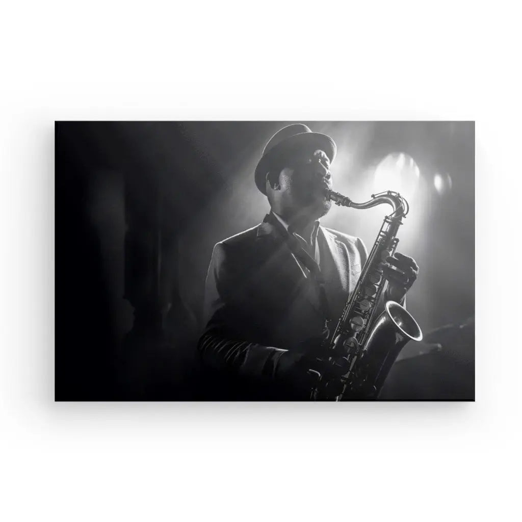 Photo en noir et blanc d'une personne portant un chapeau et un costume jouant du saxophone, rappelant un Tableau Jazzman Scène Musique Noir et Blanc.