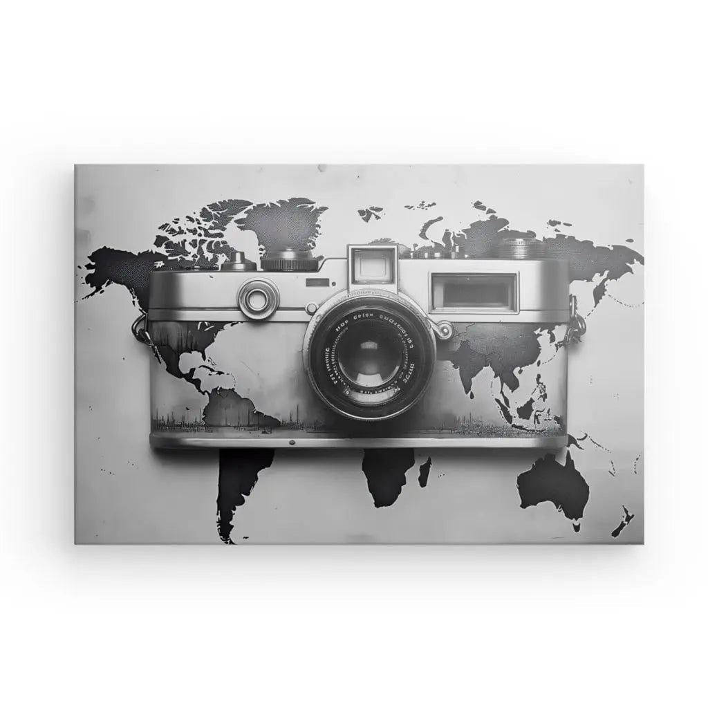 Tableau Mapmonde Appareil Photo Instagram Carte Planète Terre Noir et Blanc - #tag1# - #tag2# 