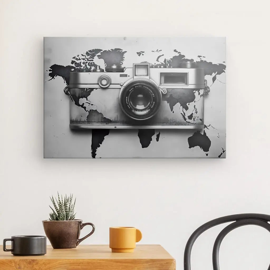 Tableau Mapmonde Appareil Photo Instagram Carte Planète Terre Noir et Blanc - #tag1# - #tag2# 