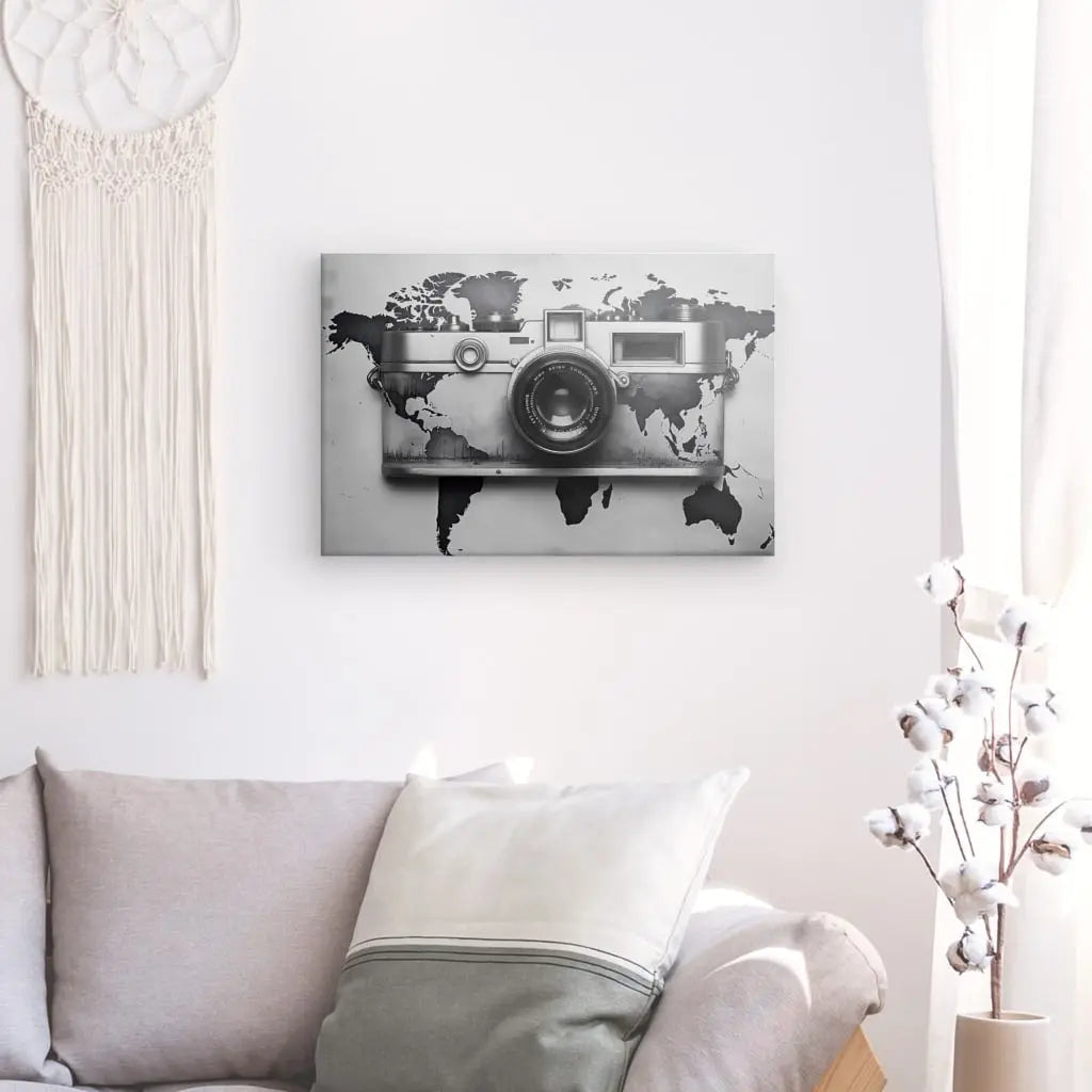 Tableau Mapmonde Appareil Photo Instagram Carte Planète Terre Noir et Blanc - #tag1# - #tag2# 
