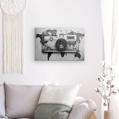 Tableau Mapmonde Appareil Photo Instagram Carte Planète Terre Noir et Blanc - #tag1# - #tag2# 