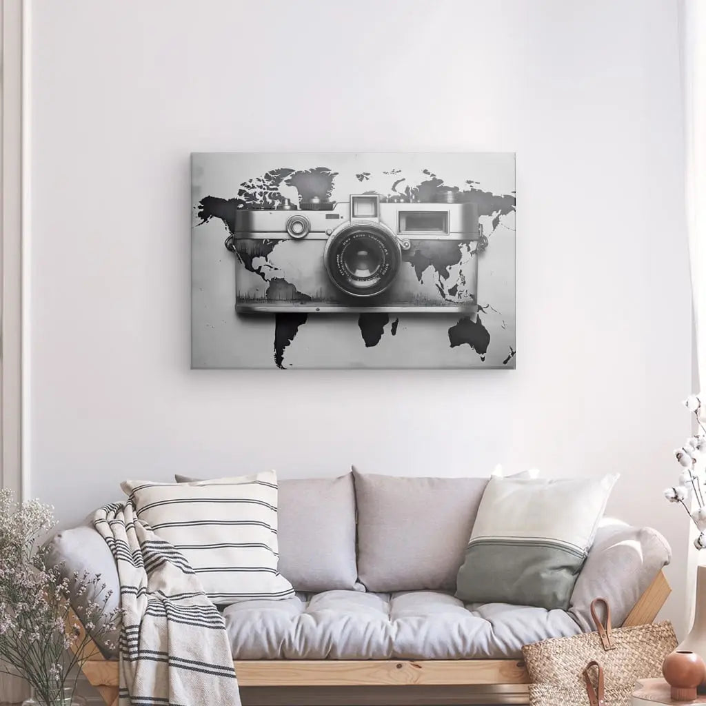 Un salon minimaliste comprend un canapé gris clair avec des oreillers rayés et unis, une petite plante et un Tableau Mapmonde Appareil Photo Instagram Carte Planète Terre Noir et Blanc.