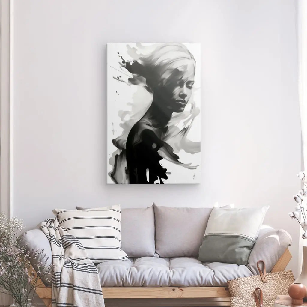 Tableau Femme Peinture Energique Eclaboussures Noir et Blanc - #tag1# - #tag2# 