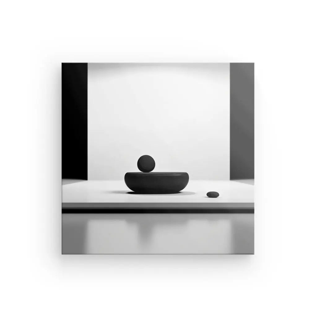 Un *Tableau Carré Relaxation et Paix Noir et Blanc* capture un objet rond en équilibre sur le bord d'un bol, avec un autre petit objet posé à proximité sur une surface réfléchissante, évoquant sérénité et calme.