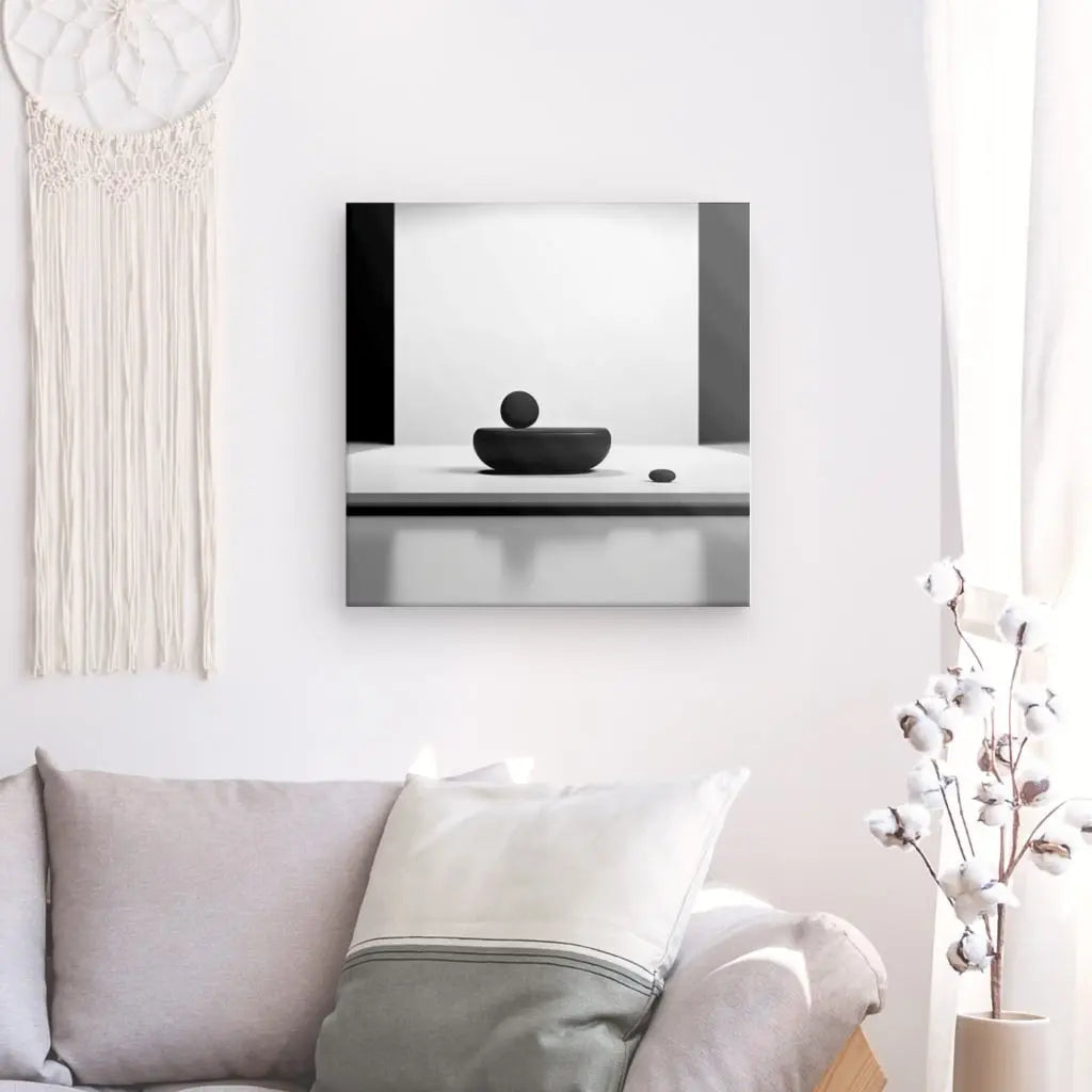 Un salon minimaliste comprend un canapé blanc avec un oreiller gris clair, une peinture abstraite monochrome au mur, une tenture murale en macramé et un vase avec des branches de coton. Le Tableau Carré Relaxation et Paix Noir et Blanc dégage une ambiance de détente et de paix.