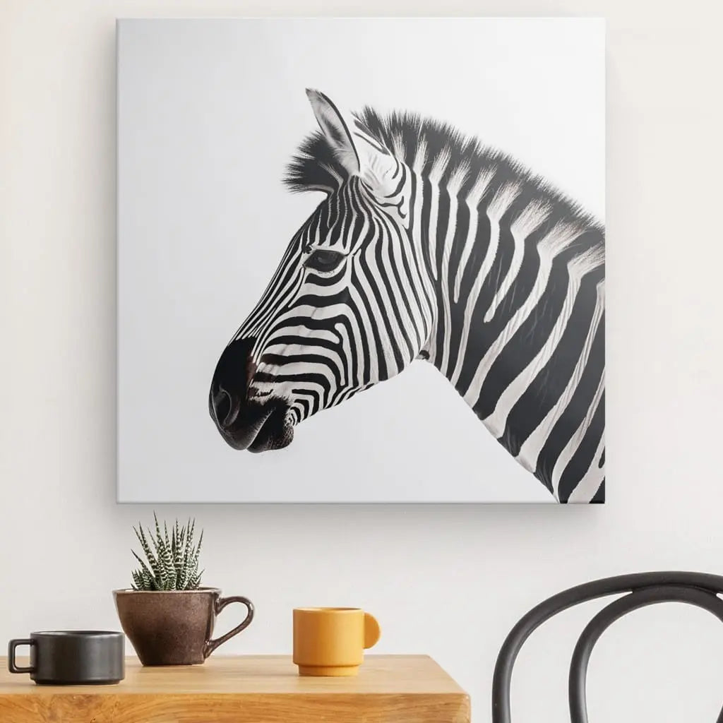 Une photo encadrée d'un Tableau Carré Profil Zèbre Savane Noir et Blanc est accrochée sur un mur blanc au-dessus d'une table en bois avec une petite plante et deux tasses, évoquant l'essence de la savane africaine. Une chaise noire est partiellement visible.