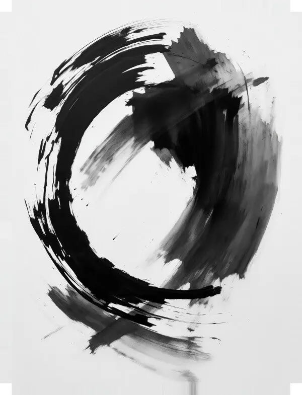 Coup de pinceau abstrait à l'encre noire formant une forme circulaire incomplète sur fond blanc, évoquant l'élégance de la peinture à l'encre traditionnelle et parfait pour une décoration intérieure sophistiquée – Tableau Abstrait Chinois Tâches d'Encre Noir et Blanc.