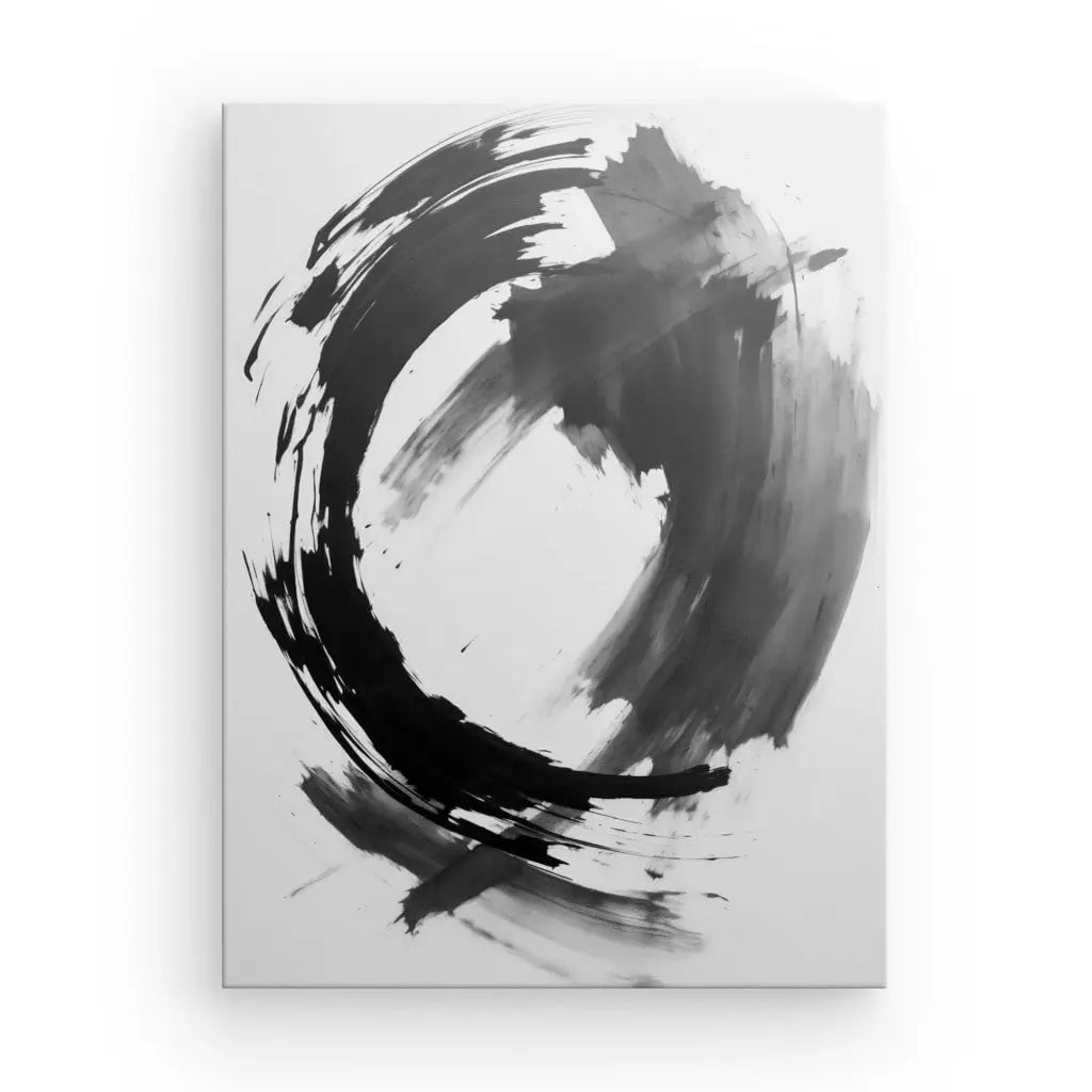 Peinture abstraite en noir et blanc présentant des coups de pinceau audacieux et rapides formant un motif circulaire sur un fond de toile blanche. Ce Tableau Abstrait Chinois Tâches d'Encre Noir et Blanc respire l'élégance, ce qui en fait un choix idéal pour une décoration intérieure sophistiquée.