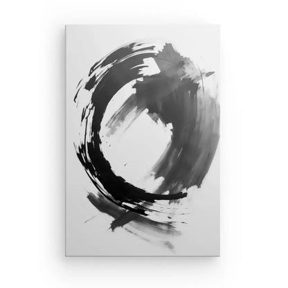 Coup de pinceau noir abstrait formant un cercle incomplet sur une toile blanche, rappelant la peinture à l'encre traditionnelle, parfait pour ajouter une touche de sophistication à votre décoration intérieure avec le Tableau Abstrait Chinois Tâches d'Encre Noir et Blanc.