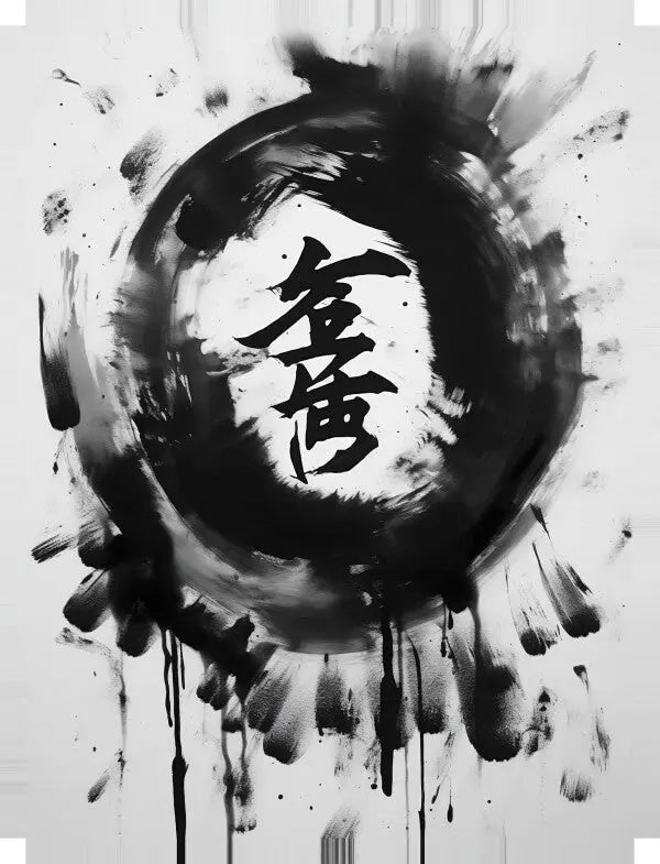 Une peinture circulaire à l’encre noire avec des bords éclaboussés. Au centre, se trouvent deux grands caractères chinois noirs sur fond blanc. Ce Tableau Abstrait Symboles Chinois Noir et Blanc illustre l'art contemporain noir et blanc et ajoute une touche de décoration intérieure sophistiquée à n'importe quel espace.