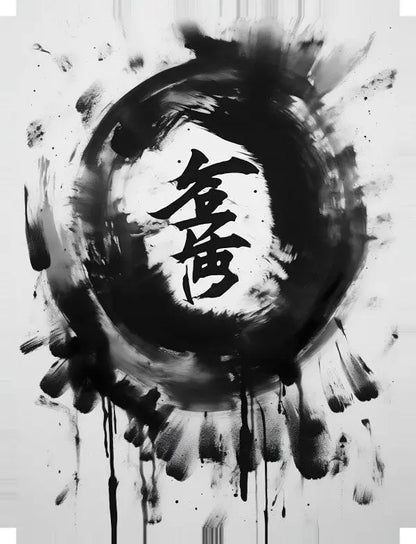 Une peinture circulaire à l’encre noire avec des bords éclaboussés. Au centre, se trouvent deux grands caractères chinois noirs sur fond blanc. Ce Tableau Abstrait Symboles Chinois Noir et Blanc illustre l'art contemporain noir et blanc et ajoute une touche de décoration intérieure sophistiquée à n'importe quel espace.