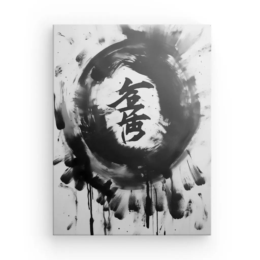 Cercle à l'encre noire avec des caractères chinois noirs verticaux gras au centre sur fond blanc, ressemblant à la calligraphie traditionnelle. Ce Tableau Abstrait Symboles Chinois Noir et Blanc incarne parfaitement l'art contemporain noir et blanc, ce qui en fait une pièce idéale pour une décoration intérieure sophistiquée.