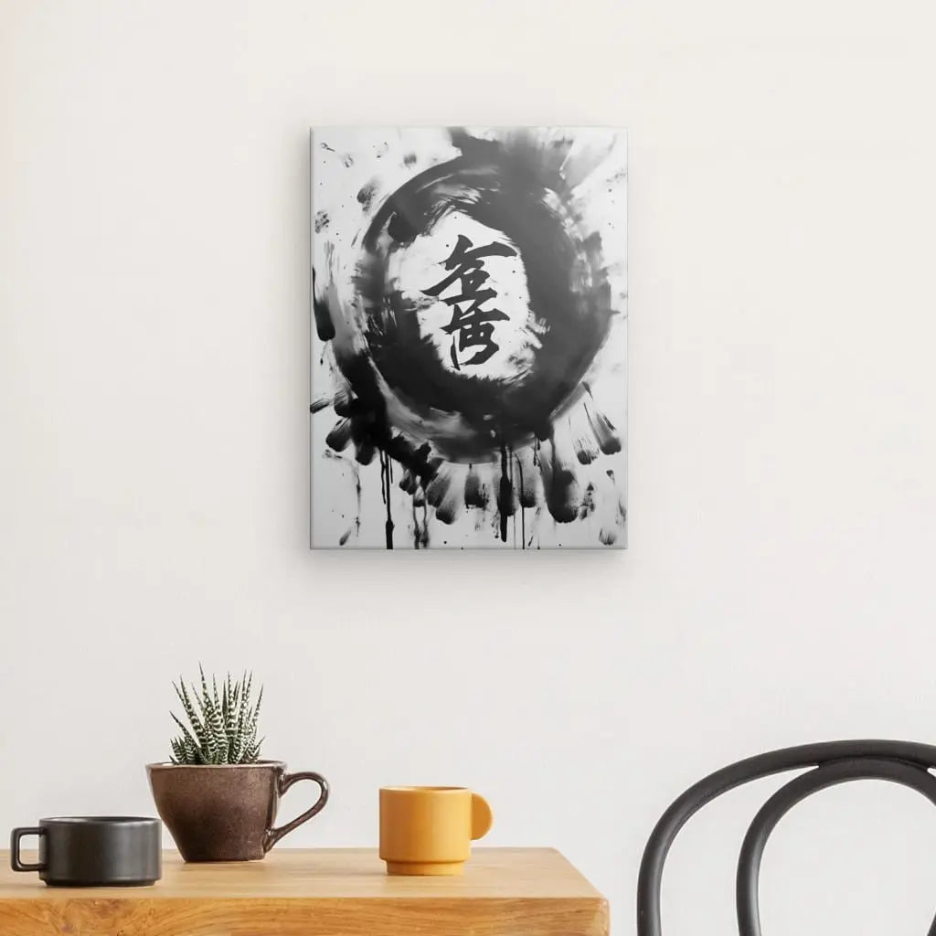 Une pièce minimaliste avec une petite table en bois contenant trois tasses et une plante en pot. Au-dessus de la table est accroché un tableau Tableau Abstrait Symboles Chinois Noir et Blanc, ajoutant une touche de décoration intérieure sophistiquée.