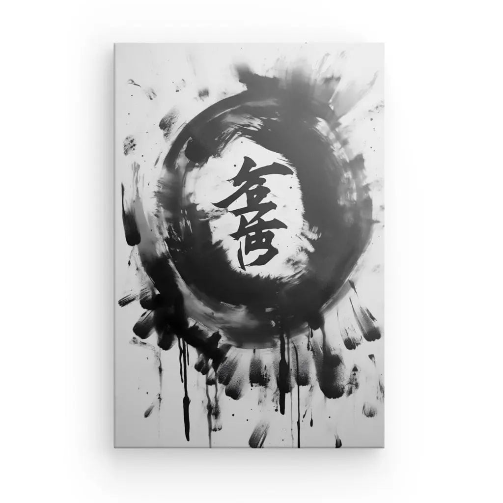 Un cercle d'encre noire avec des coups de pinceau entoure des caractères de calligraphie chinoise sur une toile blanche, créant une pièce *Tableau Abstrait Symboles Chinois Noir et Blanc* qui ajoute une touche de décoration intérieure sophistiquée.