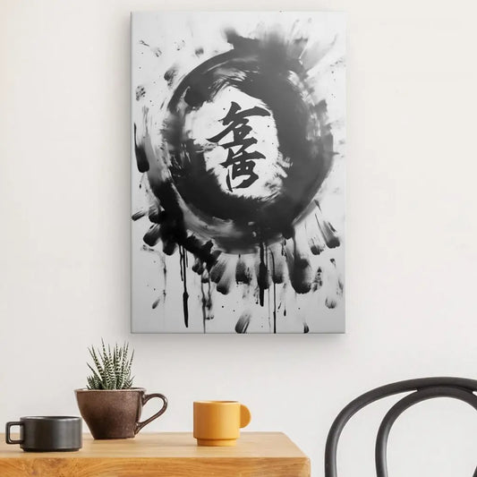 Un Tableau Abstrait Symboles Chinois Noir et Blanc est suspendu au-dessus d'une table en bois avec une petite plante et deux tasses, créant une ambiance art contemporain noir et blanc.