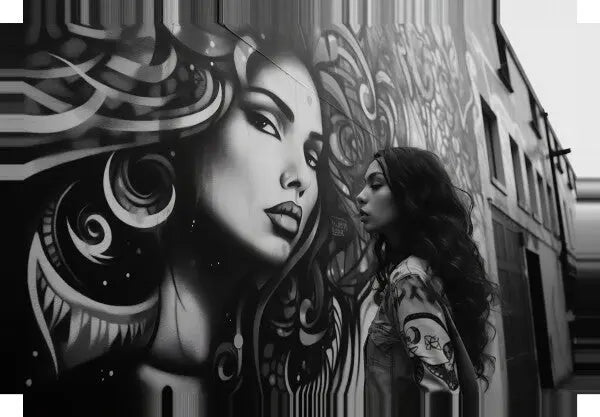 Une femme aux cheveux longs se tient à côté d’un saisissant Tableau Photo de Rue Femme Graffiti Underground Noir et Blanc peint sur un mur, tous deux orientés dans la même direction.