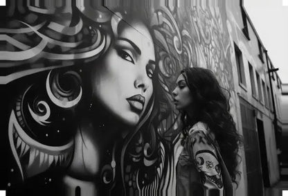 Une femme aux cheveux longs se tient devant une grande fresque représentant un visage féminin stylisé avec des motifs complexes, incarnant l’essence de Femme Graffiti. L'arrière-plan présente un bâtiment et d'autres œuvres d'art, ajoutant des couches à ce fascinant Tableau Photo de Rue Femme Graffiti Underground Noir et Blanc.