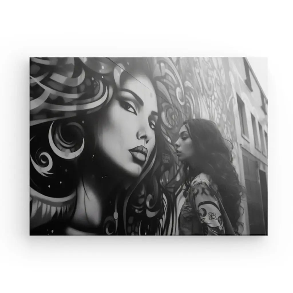 Une personne se tient à côté d'une fresque murale détaillée en noir et blanc représentant un visage de femme sur un mur de la ville, capturant l'essence du street art dans ce superbe Tableau Photo de Rue Femme Graffiti Underground Noir et Blanc.