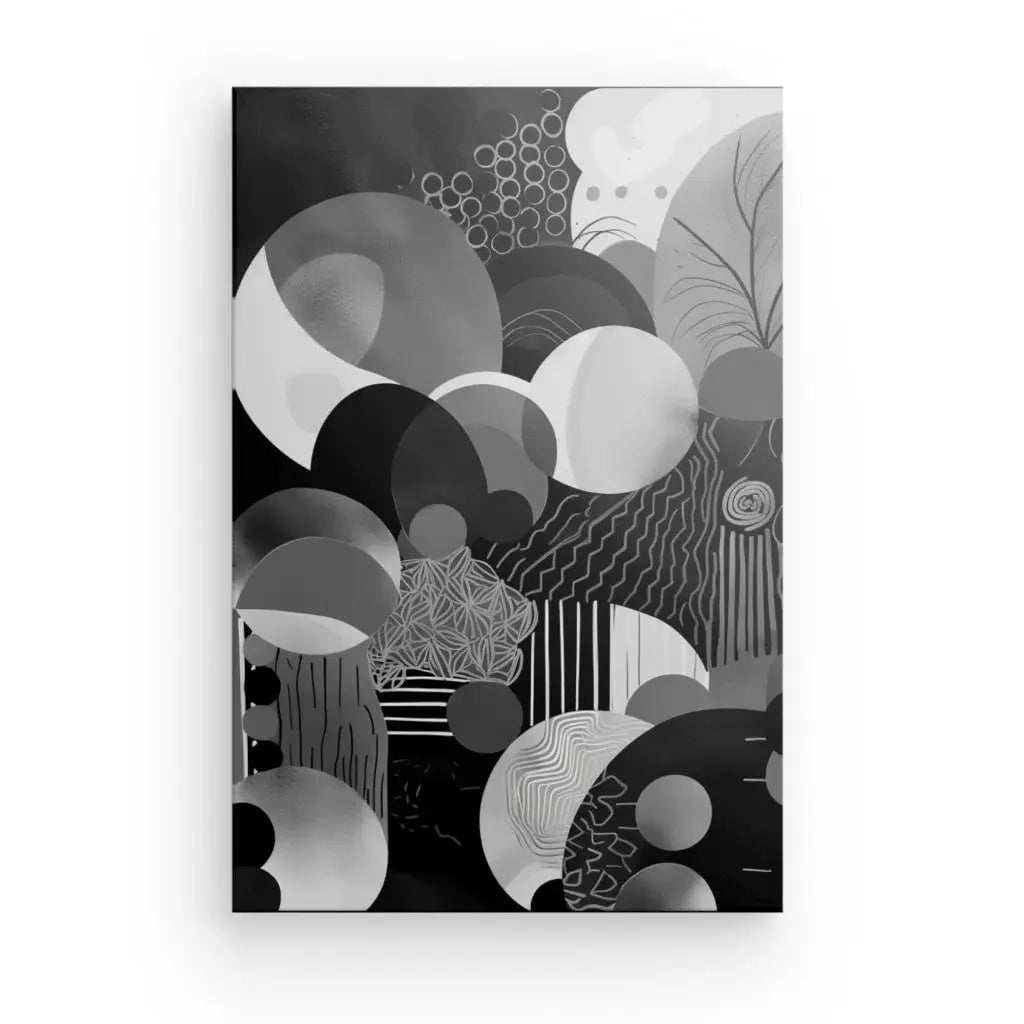 Peinture abstraite en noir et blanc présentant diverses formes circulaires, motifs et lignes de différentes tailles et nuances, ce Tableau Monochrome Cercle Décoration Moderne incarne l'essence de l'art contemporain. Parfait pour toute décoration moderne.