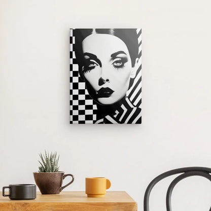 Un Tableau Pop Art Damiers Femme Glamour Noir et Blanc orne le mur au-dessus d'une table avec une plante en pot et deux tasses, tandis qu'une chaise noire est partiellement visible à droite, créant une œuvre d'art contemporaine saisissante.