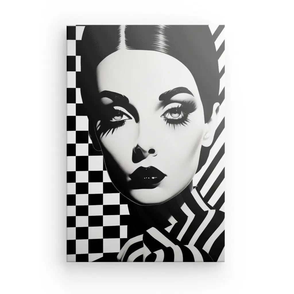 Ce Tableau Pop Art Damiers Femme Glamour Noir et Blanc est un superbe exemple de Pop Art, mettant en valeur un visage de femme avec un maquillage exagéré encadré par des motifs géométriques audacieux en arrière-plan.