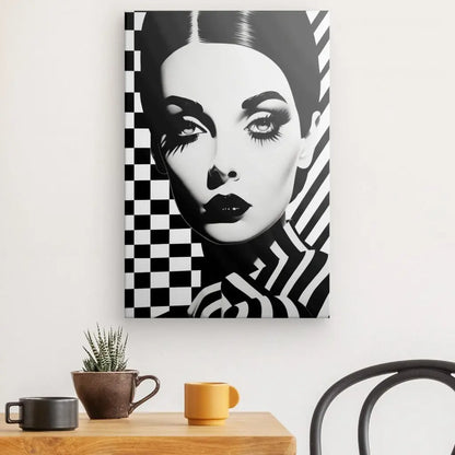 Portrait noir et blanc d'une femme avec des motifs géométriques en arrière-plan, accroché sur un mur blanc au-dessus d'une table en bois avec deux tasses et une petite plante en pot. Ce Tableau Pop Art Damiers Femme Glamour Noir et Blanc incarne l'essence de l'œuvre d'art contemporain, mêlant harmonieusement l'art moderne au monochrome classique.