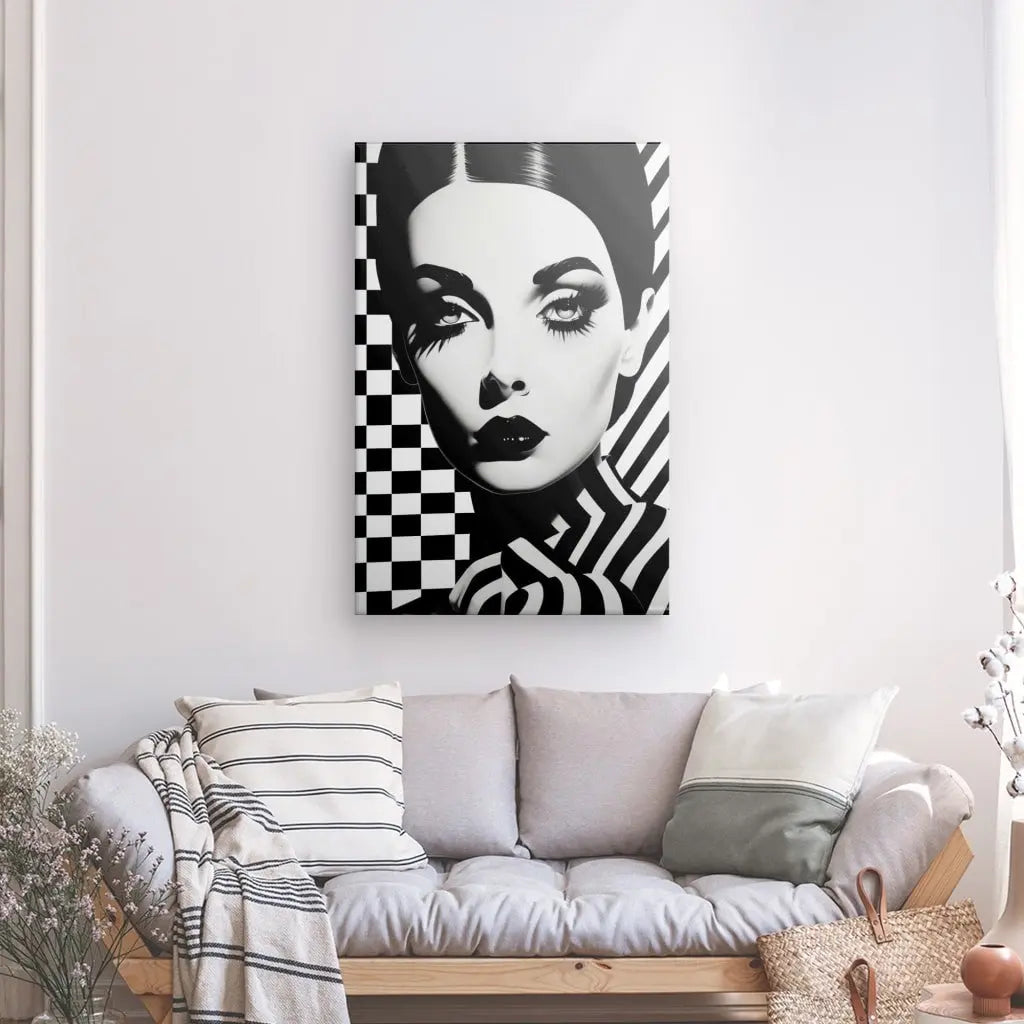 Un Tableau Pop Art Damiers Femme Glamour Noir et Blanc est accroché au mur au-dessus d'un canapé avec des coussins dans un salon à la décoration minimaliste.