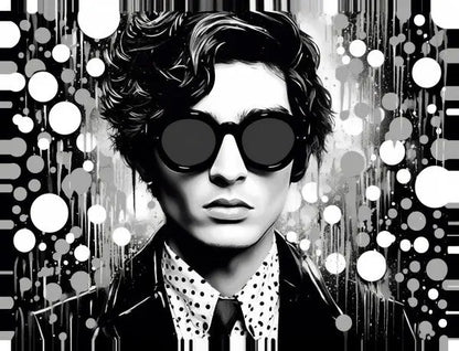 Illustration monochrome d'une personne portant de grandes lunettes de soleil rondes et une chemise à pois, entourée de motifs abstraits circulaires et linéaires, évoquant une esthétique artistique Tableau Homme Pop Art Bulles Noir et Blanc.